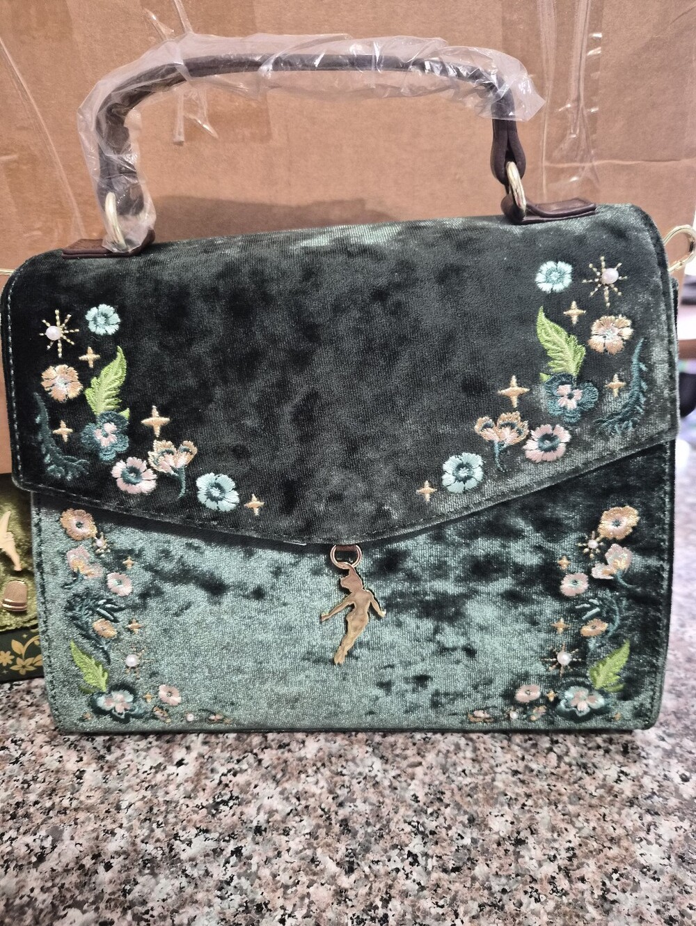 Loungefly Tinker Bell Green Velvet Floral Embroidered Top-Handle Bag And Wallet - Picture 2 of 10